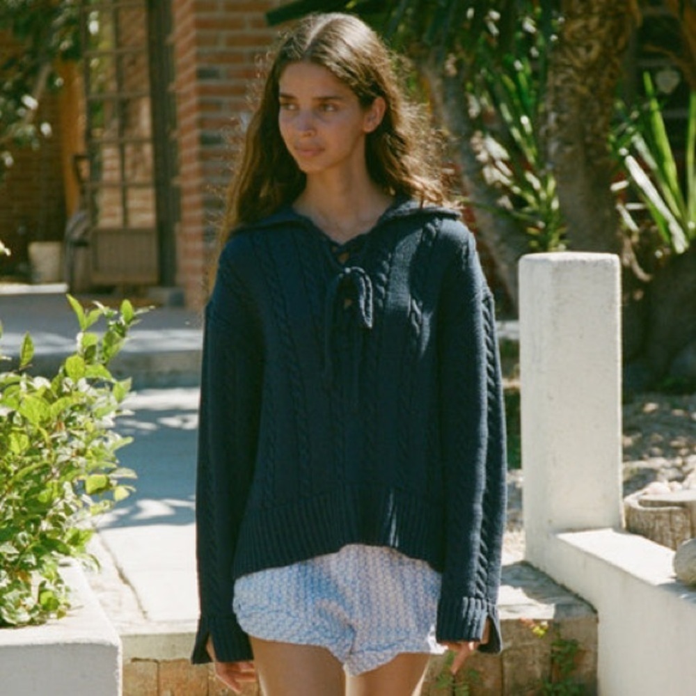 Ciao Lucia Karolin Cotton Collar Cable Knit Pullover Sweater Boat Navy Blue